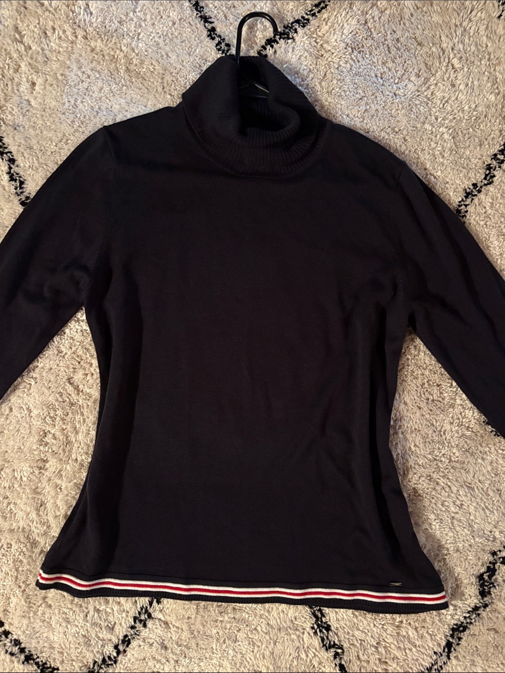 Tommy Hilfiger Black Turtleneck Sweater with Red & White Hem Stripes Large